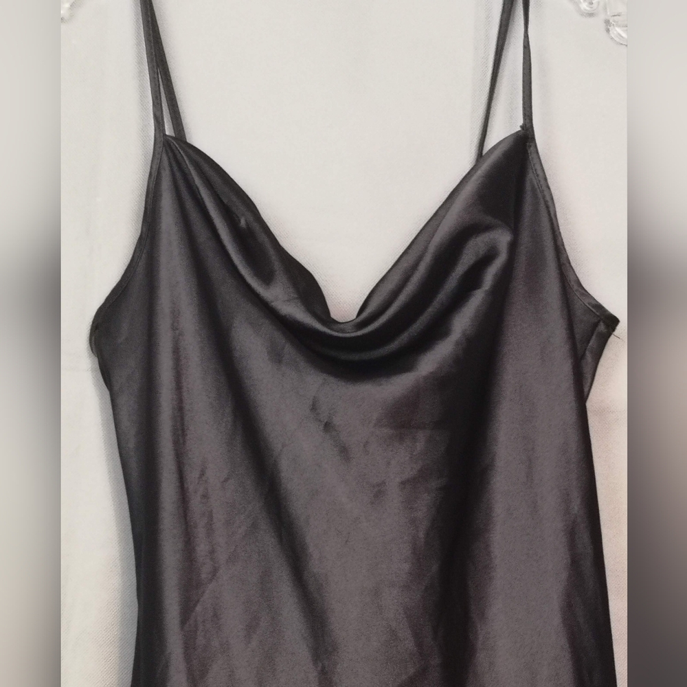Vintage | Black Slip Satin Cowl Neck Spaghetti Strap Midi Dress - Picture 4 of 12